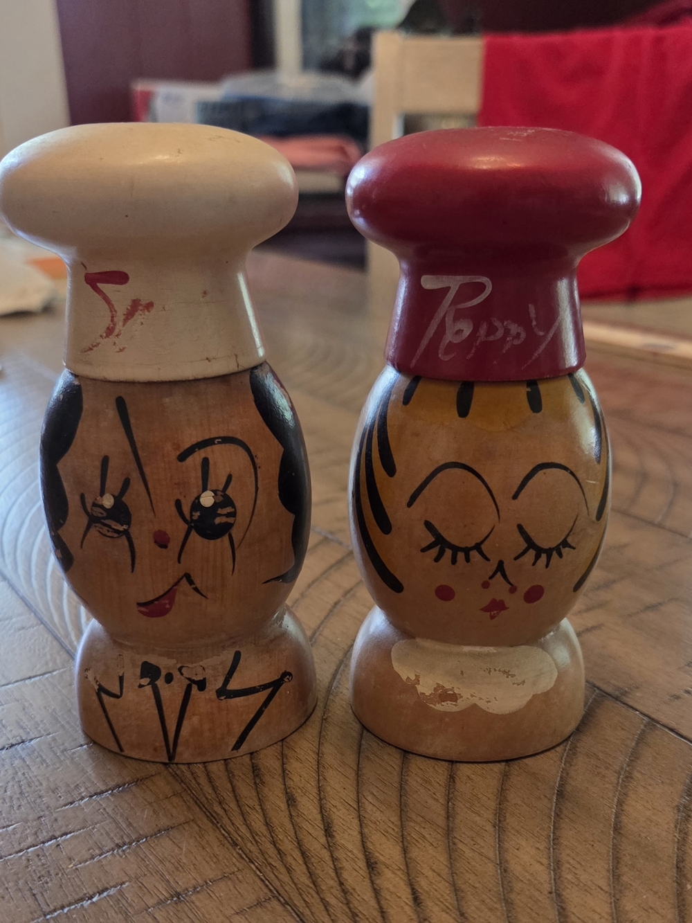 Source Unknown Handpainted Wooden Figurine Salt & Pepper Shakers - Red and Cream